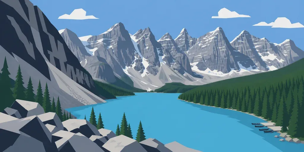 A flat-drawn level backdrop: turquoise Moraine Lake below the Valley of the Ten Peaks, and canoes.