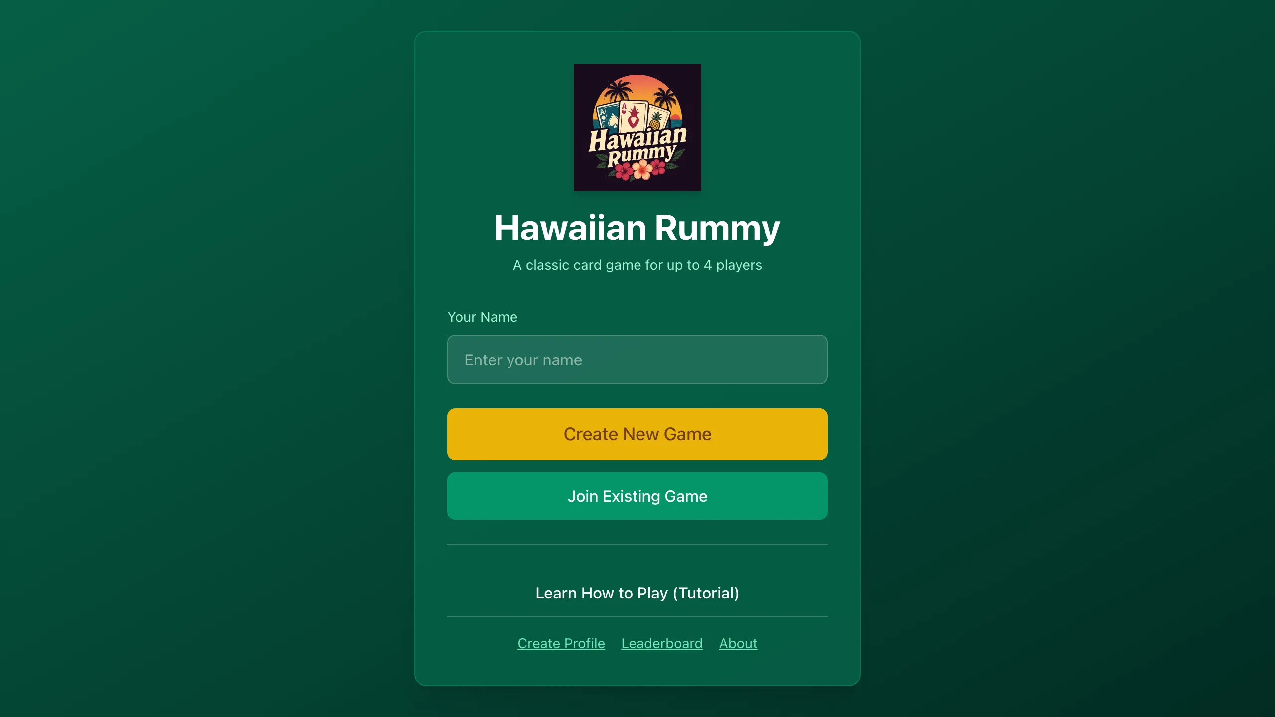 The opening screen on green baize: the Hawaiian Rummy logo, a name field, and new or join buttons.