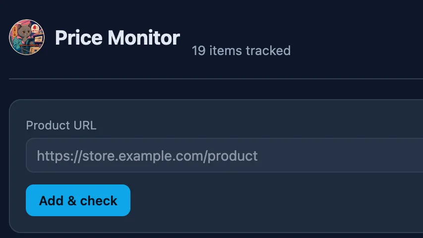 The app on navy: its cat-with-a-trolley logo, “Price Monitor”, “19 items tracked”, a URL form.