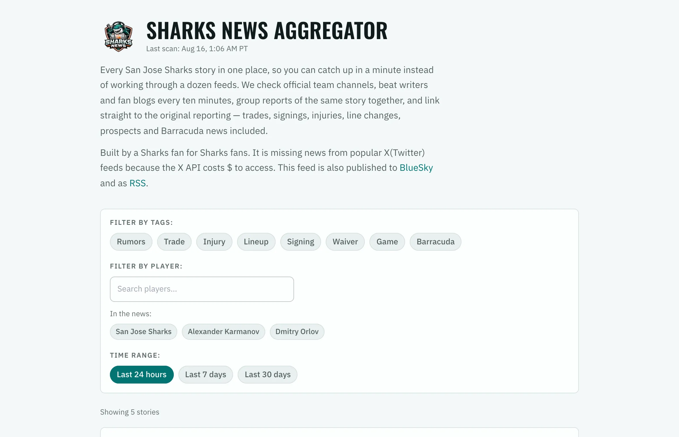 The live site: Sharks News Aggregator masthead and last scan, above tag, player and time filters.