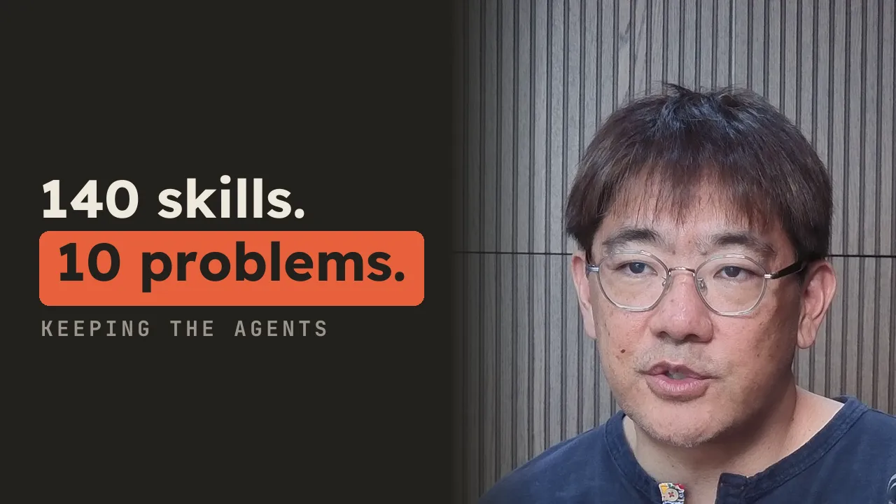 Thumbnail on ink: “140 skills.” above “10 problems.” boxed in orange, beside Davin in glasses, mid-sentence.