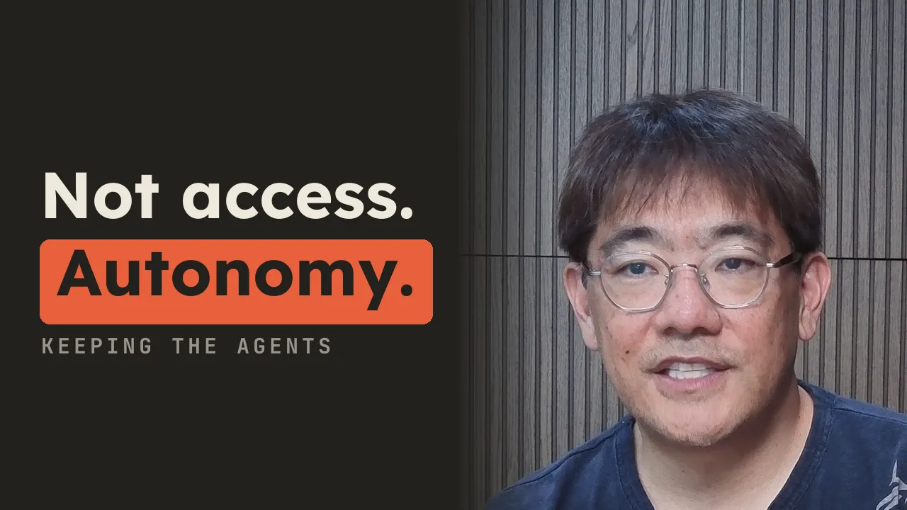 Thumbnail on ink: “Not access.” above “Autonomy.” boxed in orange, beside Davin, smiling slightly.