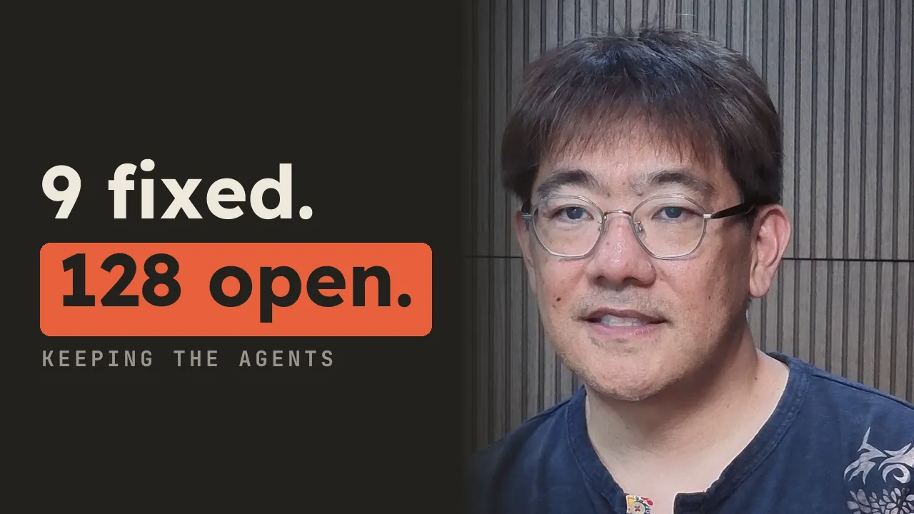 Thumbnail on ink: “9 fixed.” above “128 open.” boxed in orange, beside Davin, smiling slightly.
