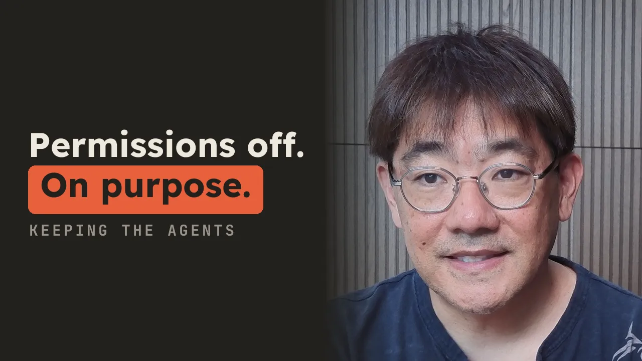 Thumbnail on ink: “Permissions off.” above “On purpose.” boxed in orange, beside a close-up of Davin, smiling.